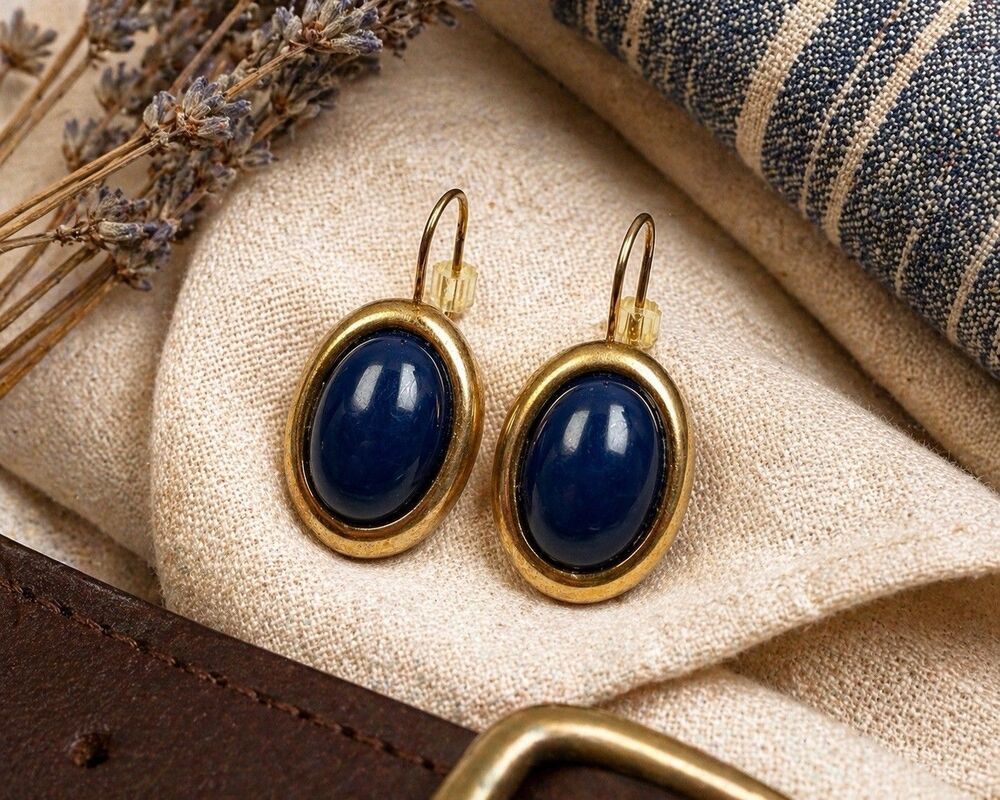 Vintage  Gold Tone Navy Blue Cabochon Drop Earrings Oval Dangle Classic 1980